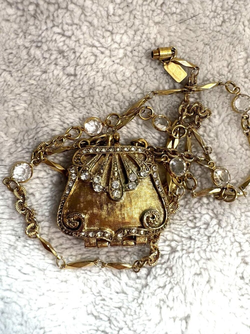 Vintage 1928 Jewelry Purse Locket Necklace Gold Tone Crystal Rhinestone 14.5"